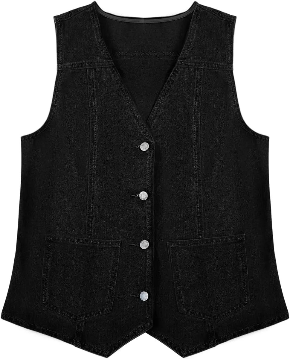 Tankaneo Denim Vest for Women Casual V Neck Button Down Sleeveless Jean Jacket