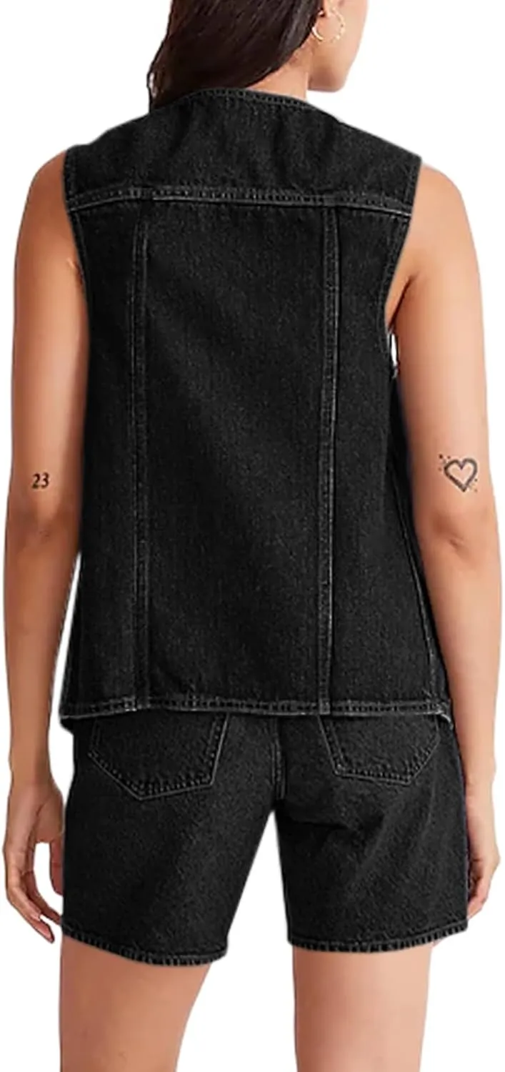Tankaneo Denim Vest for Women Casual V Neck Button Down Sleeveless Jean Jacket