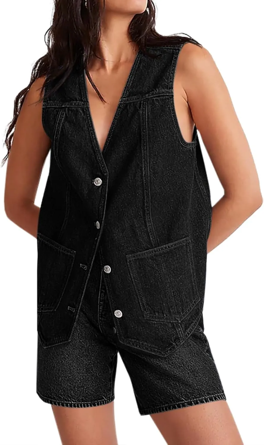 Tankaneo Denim Vest for Women Casual V Neck Button Down Sleeveless Jean Jacket