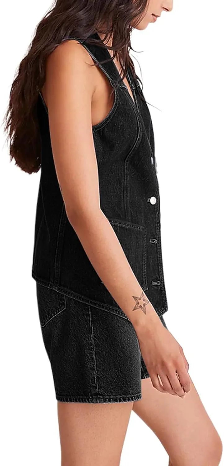 Tankaneo Denim Vest for Women Casual V Neck Button Down Sleeveless Jean Jacket