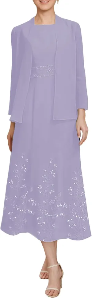 Tea Length 2 Piece Formal Women's Wedding Guest Dresses Evening Outfits with Jacket for Momther of Bride