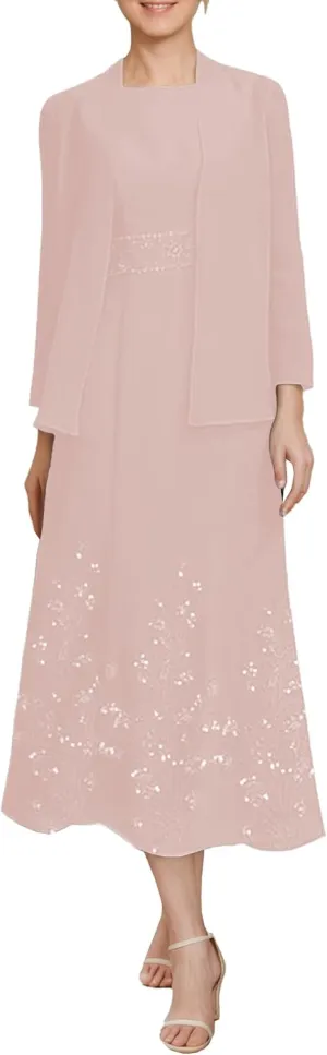 Tea Length 2 Piece Formal Women's Wedding Guest Dresses Evening Outfits with Jacket for Momther of Bride