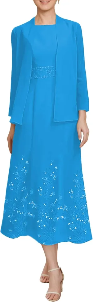 Tea Length 2 Piece Formal Women's Wedding Guest Dresses Evening Outfits with Jacket for Momther of Bride
