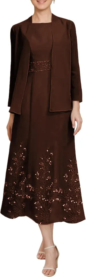 Tea Length 2 Piece Formal Women's Wedding Guest Dresses Evening Outfits with Jacket for Momther of Bride