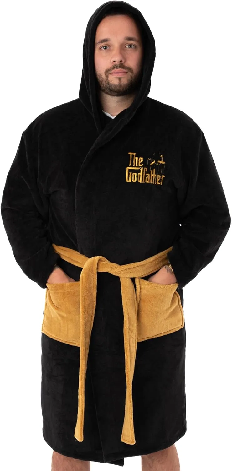 The Godfather Mens Hooded Bathrobe | Adults Black Film Dressing Gown | Don Fleece Loungewear Bathrobe Corleone Family Crest