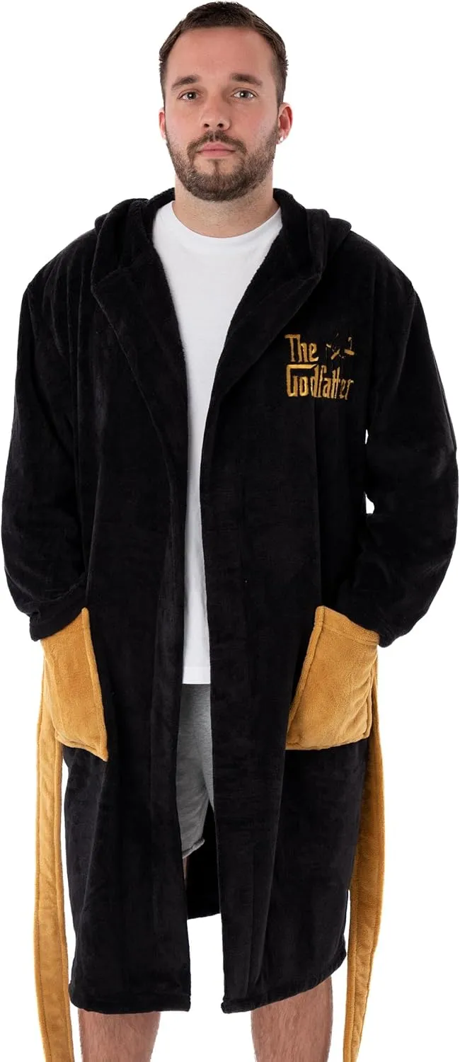 The Godfather Mens Hooded Bathrobe | Adults Black Film Dressing Gown | Don Fleece Loungewear Bathrobe Corleone Family Crest