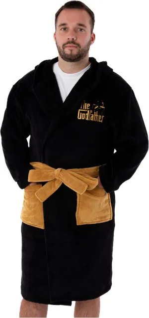 The Godfather Mens Hooded Bathrobe | Adults Black Film Dressing Gown | Don Fleece Loungewear Bathrobe Corleone Family Crest