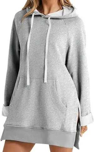 The Warmy Oversized Hoodie Dress Women First Ones Casual Drawstring Pullover Long Sleeve Split Hem with Kangaroo Pocket