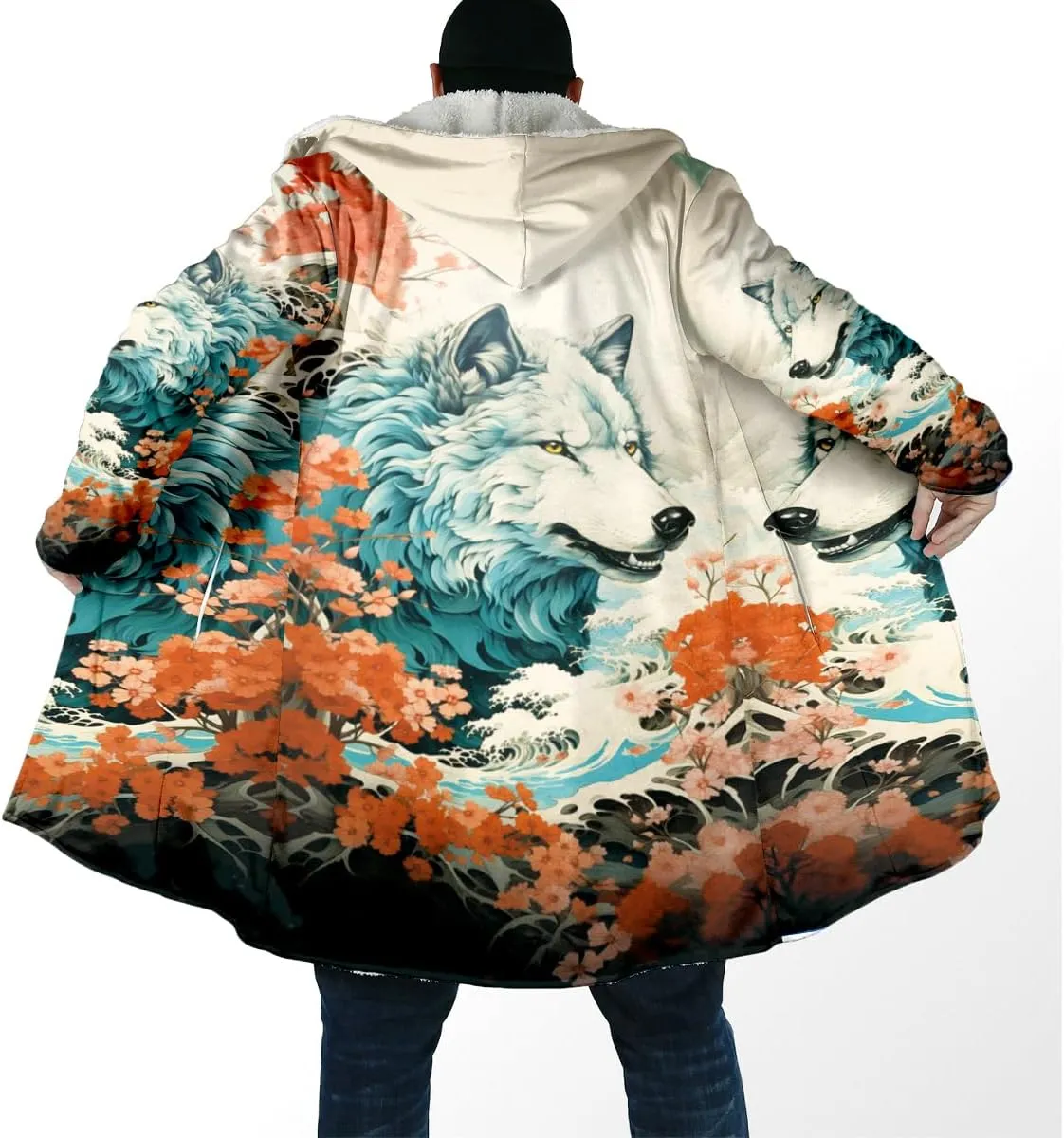 Thick Warm Hooded Cloak For Men Fenrir Wolf Valknut Tattoo Overcoat Coat Windproof Fleece Jacket