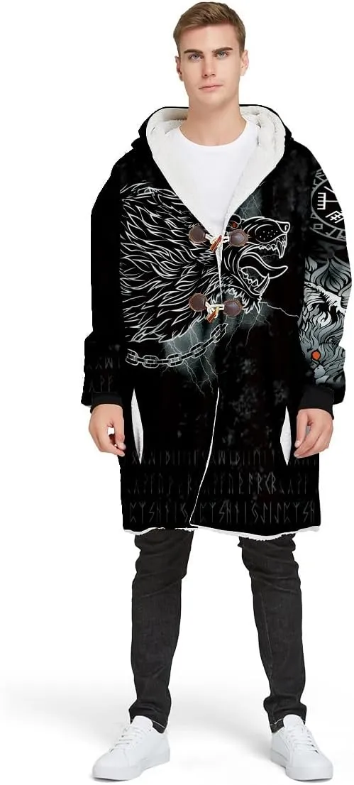 Thick Warm Hooded Cloak For Men Fenrir Wolf Valknut Tattoo Overcoat Coat Windproof Fleece Jacket