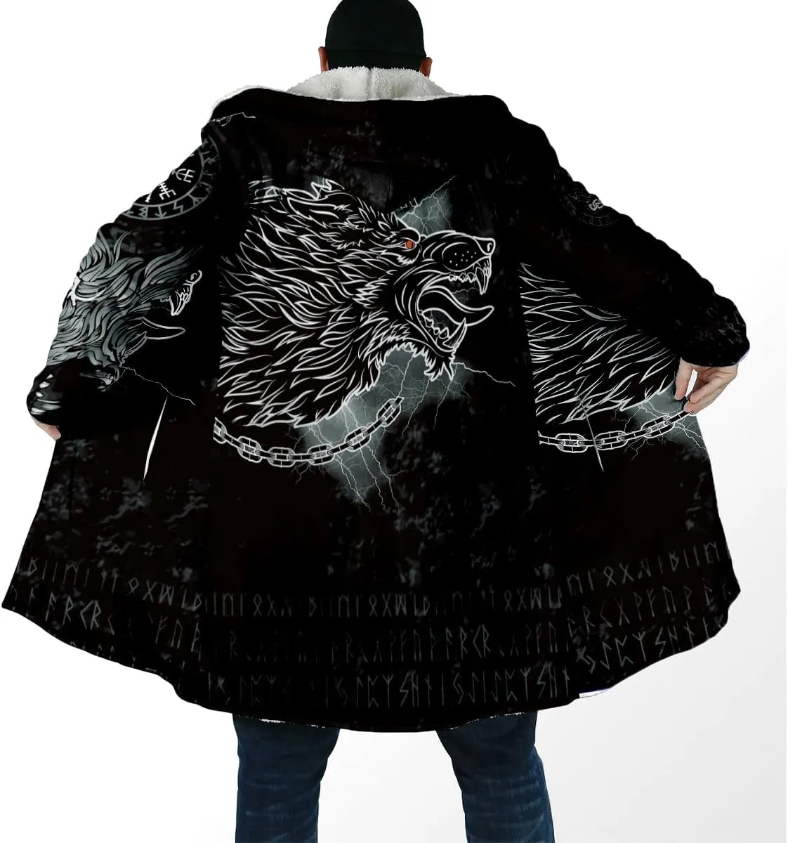 Thick Warm Hooded Cloak For Men Fenrir Wolf Valknut Tattoo Overcoat Coat Windproof Fleece Jacket