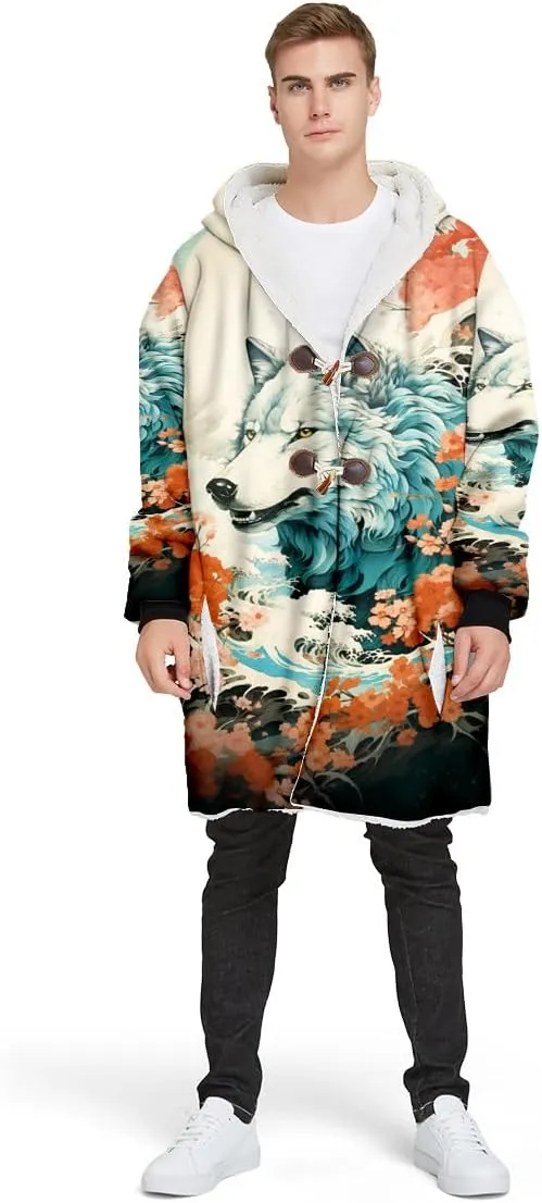 Thick Warm Hooded Cloak For Men Fenrir Wolf Valknut Tattoo Overcoat Coat Windproof Fleece Jacket