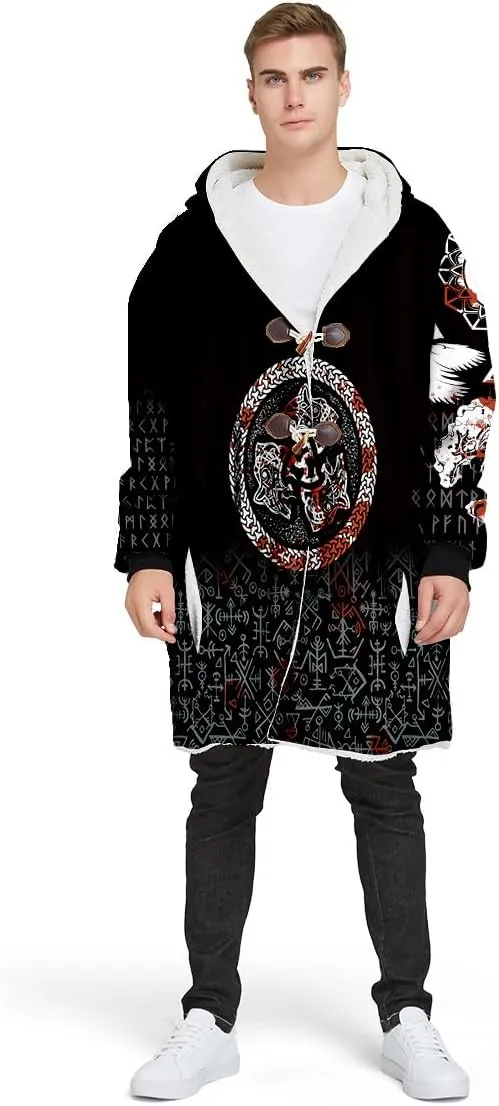 Thick Warm Hooded Cloak For Men For Men Symbol Viking Tattoo Raven Odin Overcoat Windproof Fleece Jacket