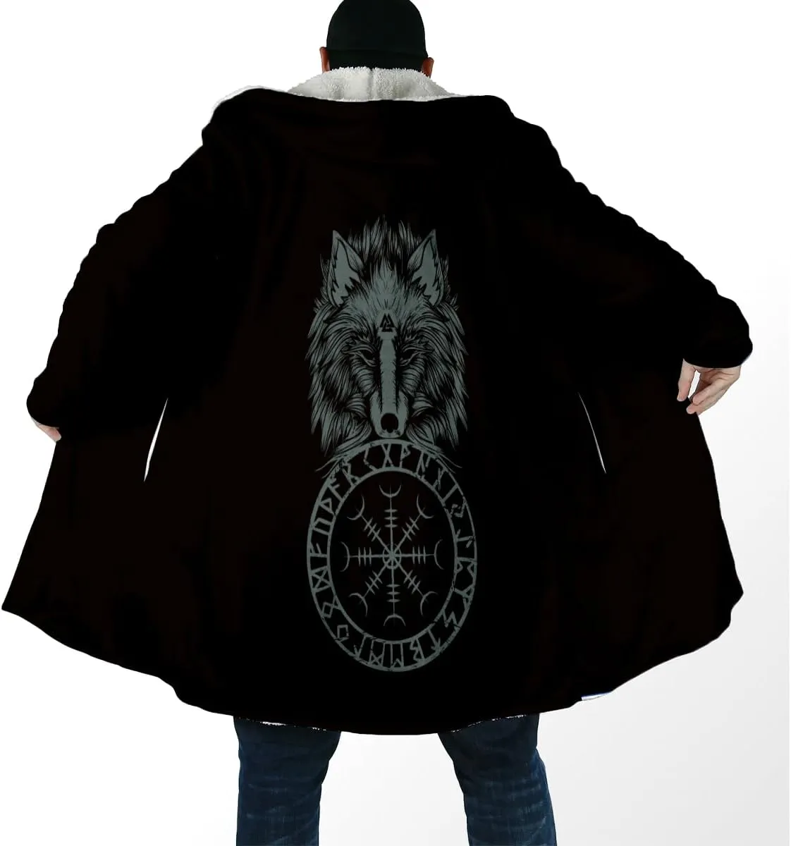 Thick Warm Hooded Cloak For Men For Men Symbol Viking Tattoo Raven Odin Overcoat Windproof Fleece Jacket
