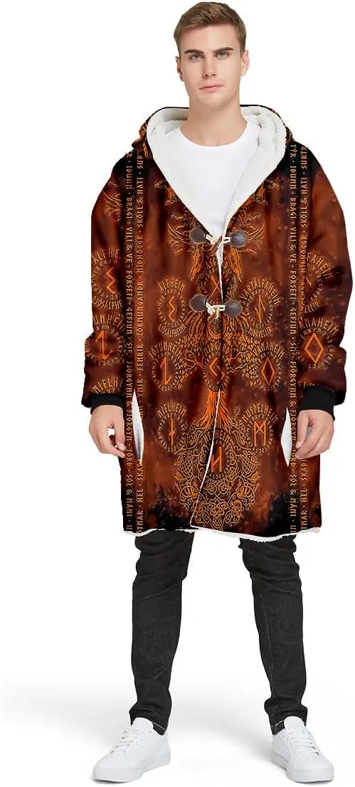 Thick Warm Hooded Cloak For Men For Men Symbol Viking Tattoo Raven Odin Overcoat Windproof Fleece Jacket