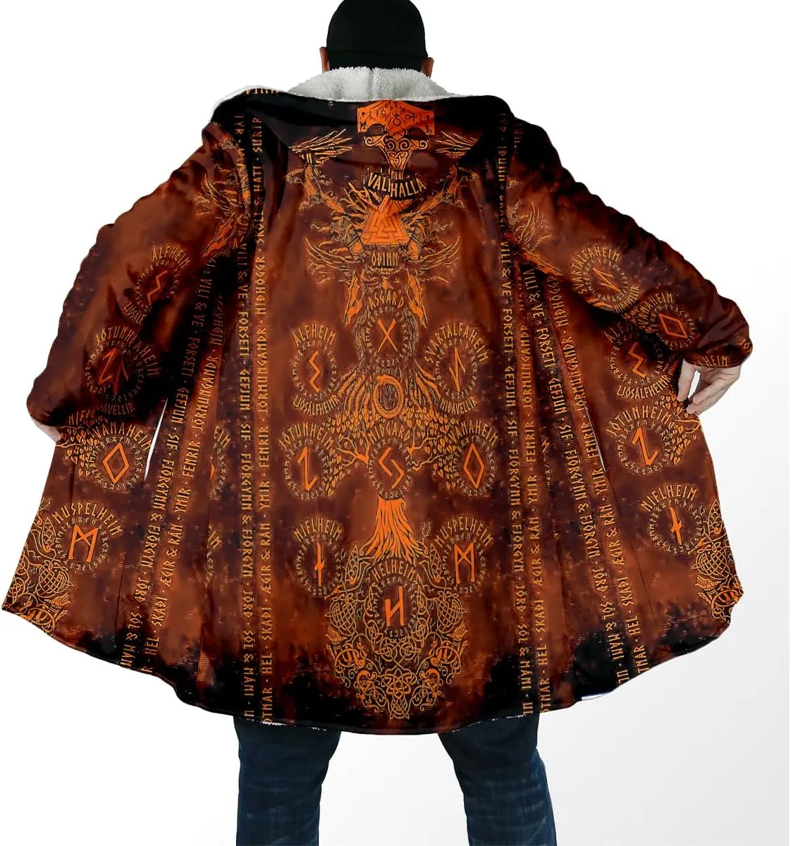 Thick Warm Hooded Cloak For Men For Men Symbol Viking Tattoo Raven Odin Overcoat Windproof Fleece Jacket