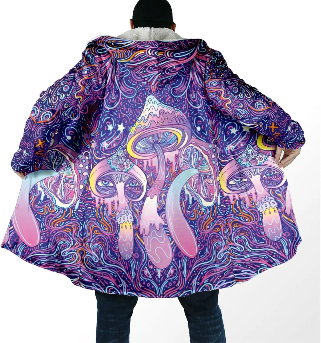 Thick Warm Hooded Cloak For Men Trippy Psychedelic Mushroom Fungus Overcoat Coat Windproof Fleece Jacket