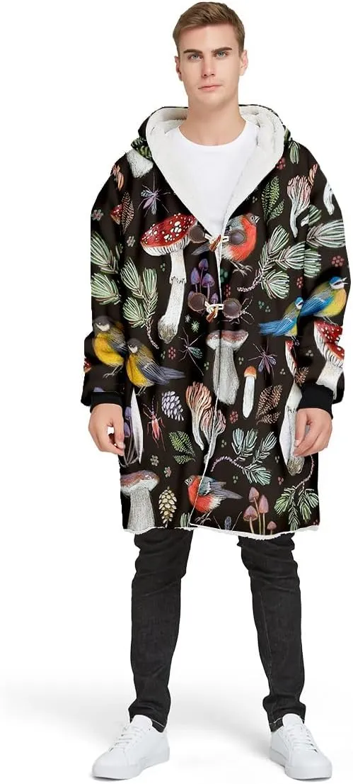 Thick Warm Hooded Cloak For Men Trippy Psychedelic Mushroom Fungus Overcoat Coat Windproof Fleece Jacket