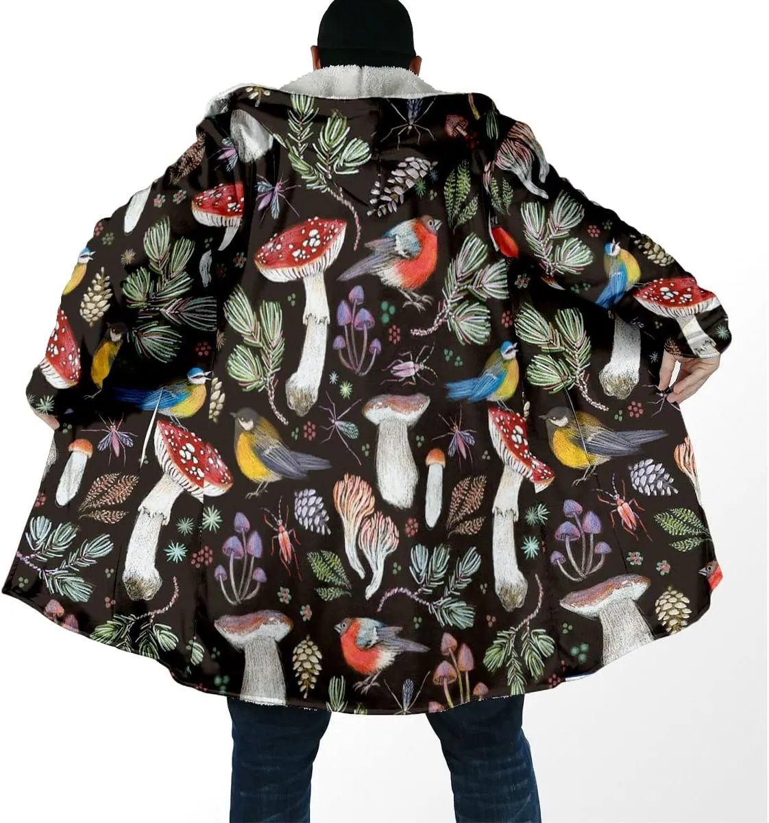Thick Warm Hooded Cloak For Men Trippy Psychedelic Mushroom Fungus Overcoat Coat Windproof Fleece Jacket