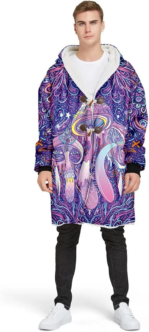 Thick Warm Hooded Cloak For Men Trippy Psychedelic Mushroom Fungus Overcoat Coat Windproof Fleece Jacket