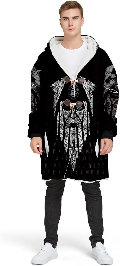 Thick Warm Hooded Cloak For Men Viking Wolf And Rave Tattoo Overcoat Windproof Fleece Jacket