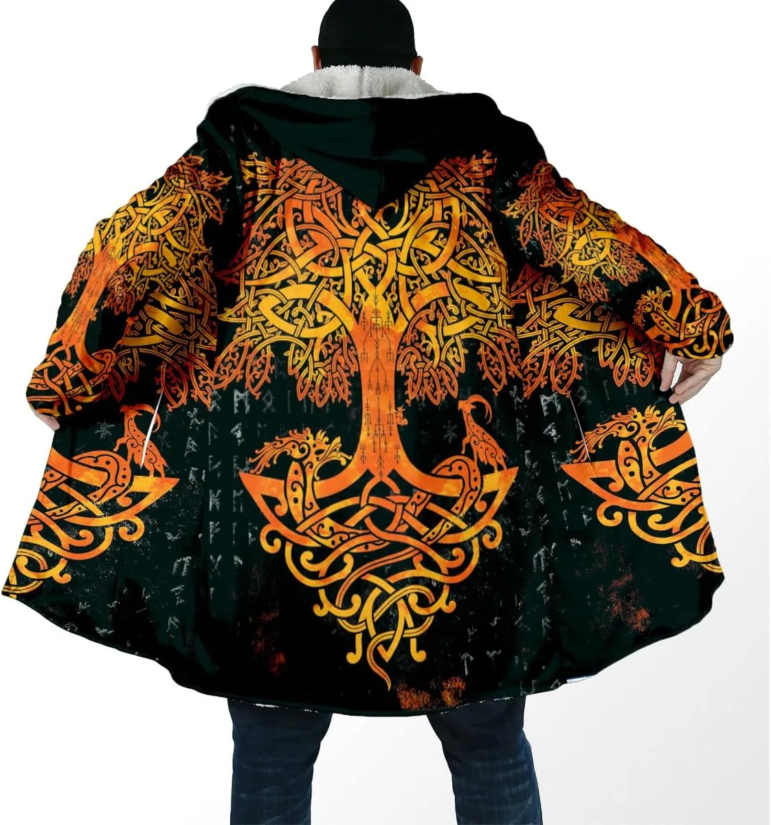 Thick Warm Hooded Cloak For Men Viking Wolf And Rave Tattoo Overcoat Windproof Fleece Jacket