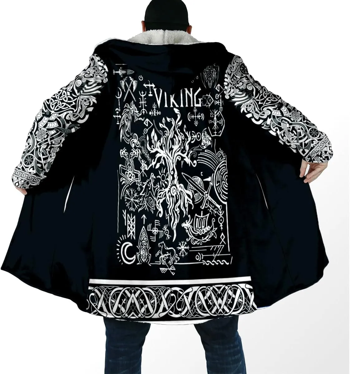 Thick Warm Hooded Cloak For Men Viking Wolf And Rave Tattoo Overcoat Windproof Fleece Jacket