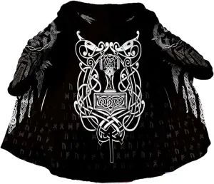 Thick Warm Hooded Cloak For Men Viking Wolf And Rave Tattoo Overcoat Windproof Fleece Jacket