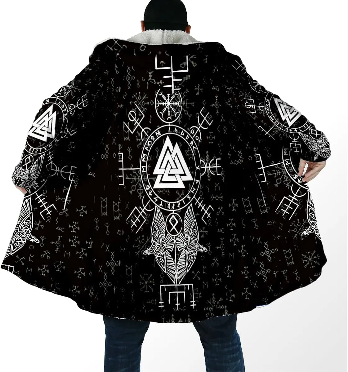Thick Warm Hooded Cloak For Men Viking Wolf And Rave Tattoo Overcoat Windproof Fleece Jacket