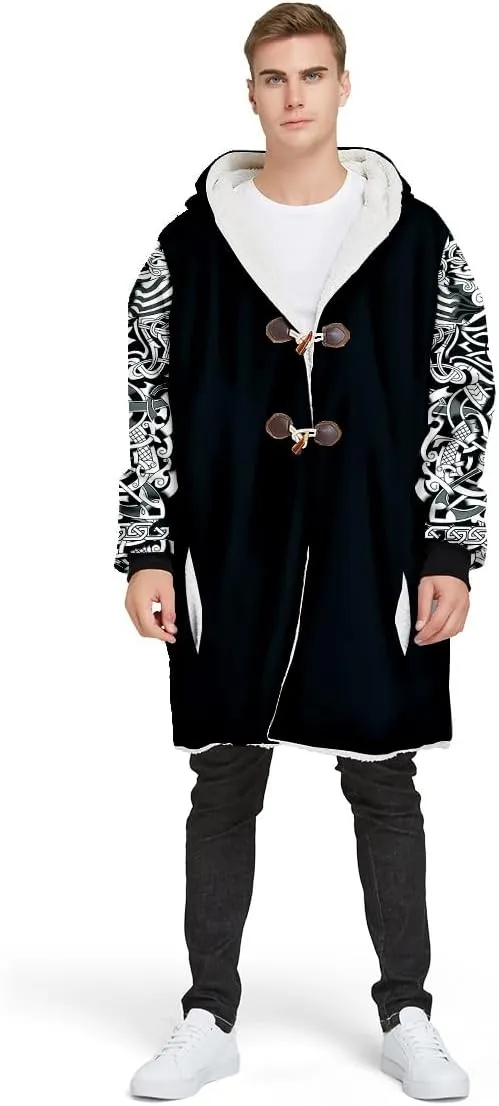 Thick Warm Hooded Cloak For Men Viking Wolf And Rave Tattoo Overcoat Windproof Fleece Jacket