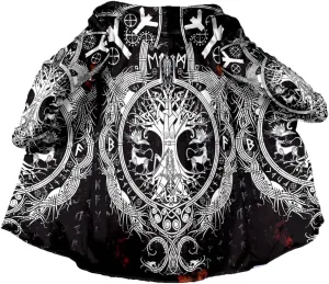 Thick Warm Hooded Cloak For Men Viking Wolf And Rave Tattoo Overcoat Windproof Fleece Jacket
