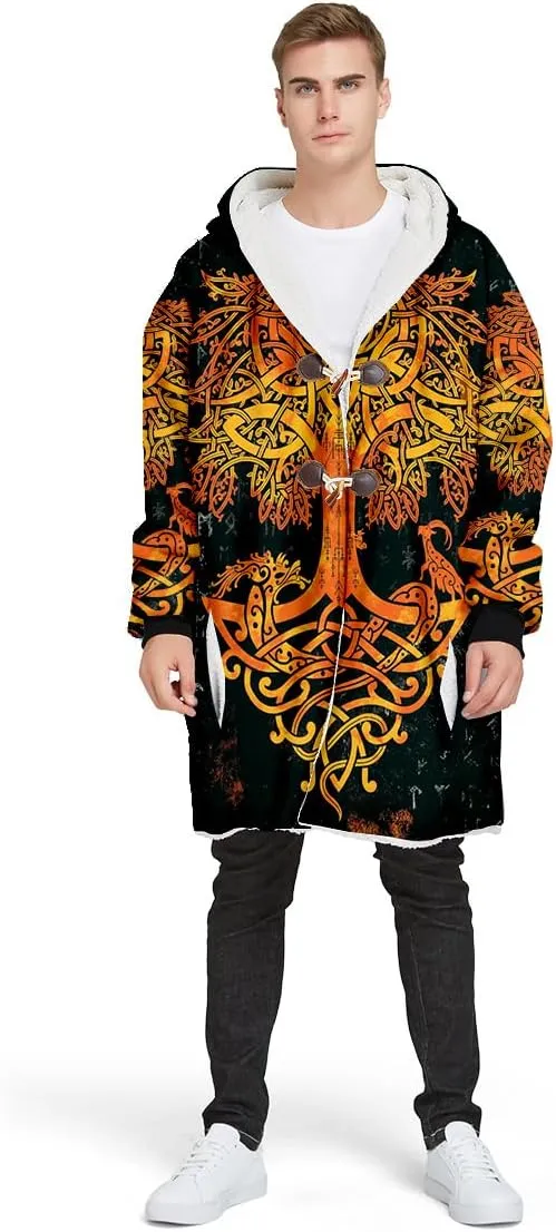 Thick Warm Hooded Cloak For Men Viking Wolf And Rave Tattoo Overcoat Windproof Fleece Jacket