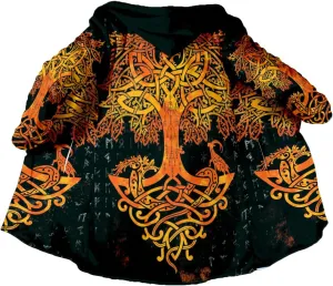 Thick Warm Hooded Cloak For Men Viking Wolf And Rave Tattoo Overcoat Windproof Fleece Jacket