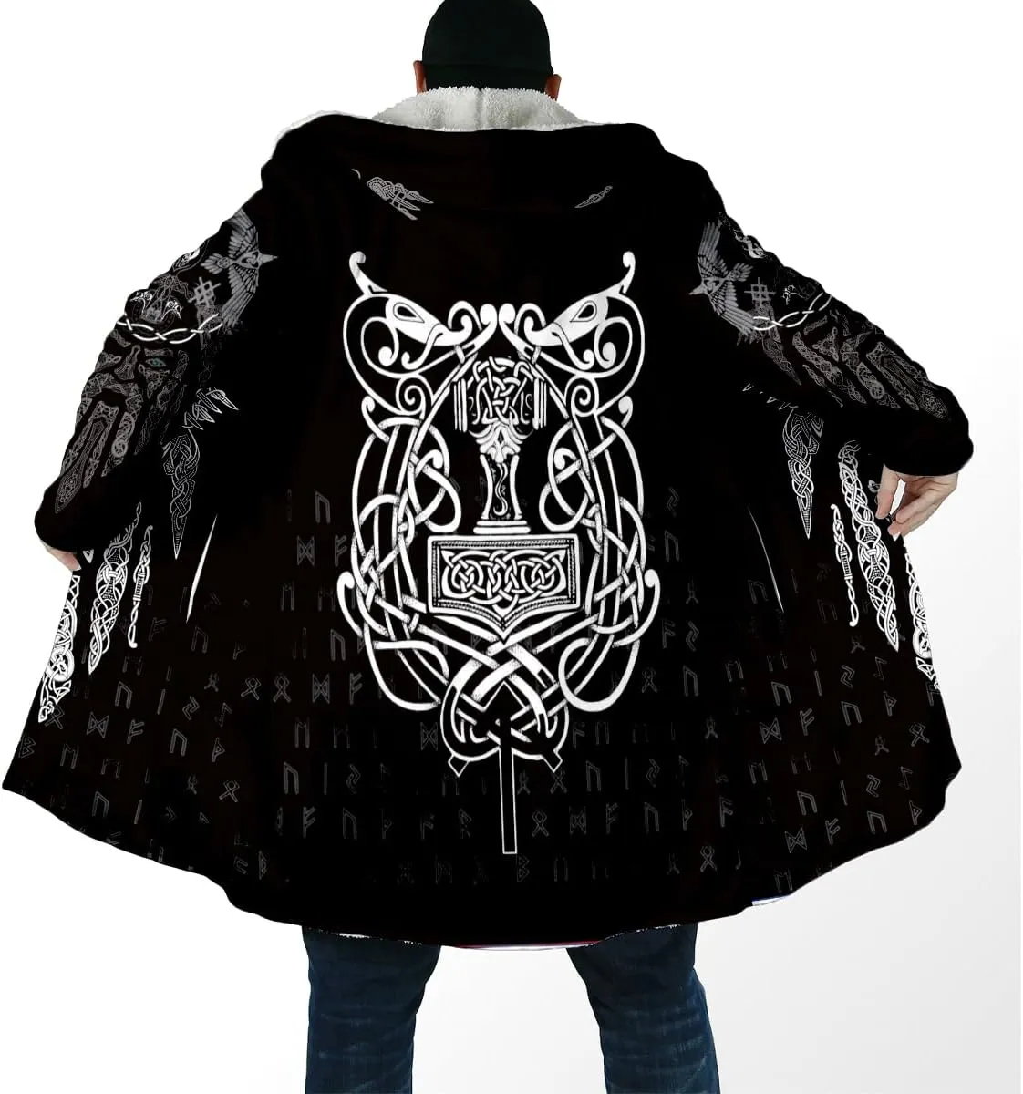 Thick Warm Hooded Cloak For Men Viking Wolf And Rave Tattoo Overcoat Windproof Fleece Jacket