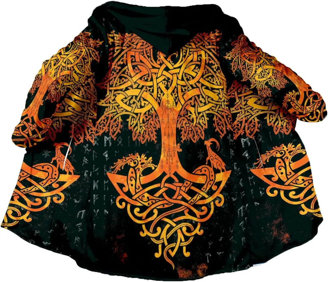 Thick Warm Hooded Cloak For Men Viking Wolf And Rave Tattoo Overcoat Windproof Fleece Jacket