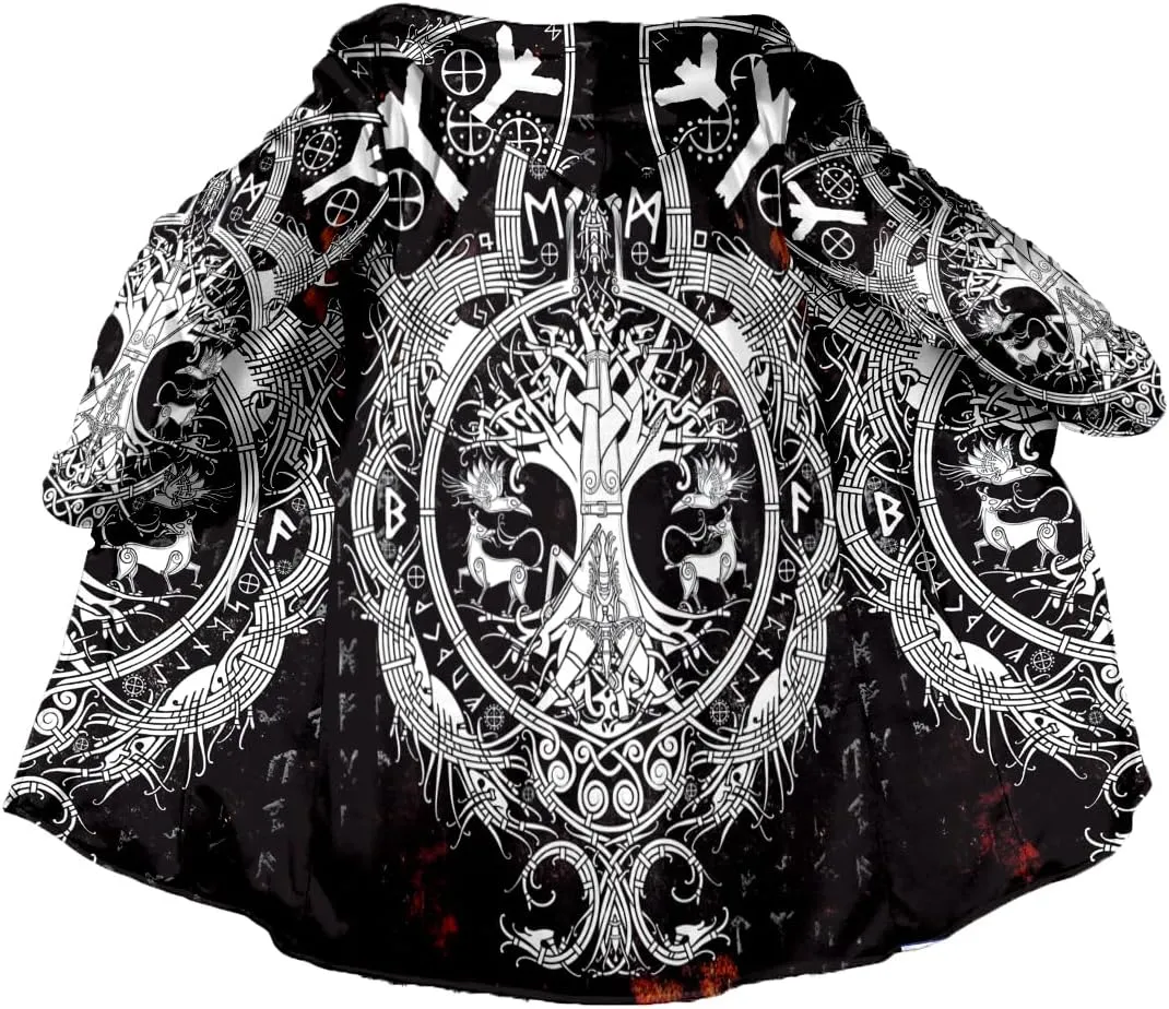Thick Warm Hooded Cloak For Men Viking Wolf And Rave Tattoo Overcoat Windproof Fleece Jacket