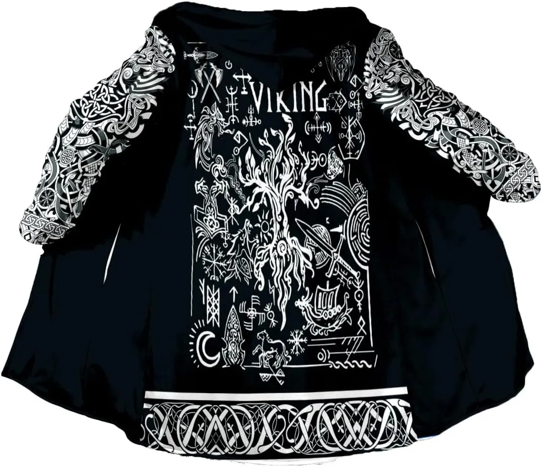 Thick Warm Hooded Cloak For Men Viking Wolf And Rave Tattoo Overcoat Windproof Fleece Jacket