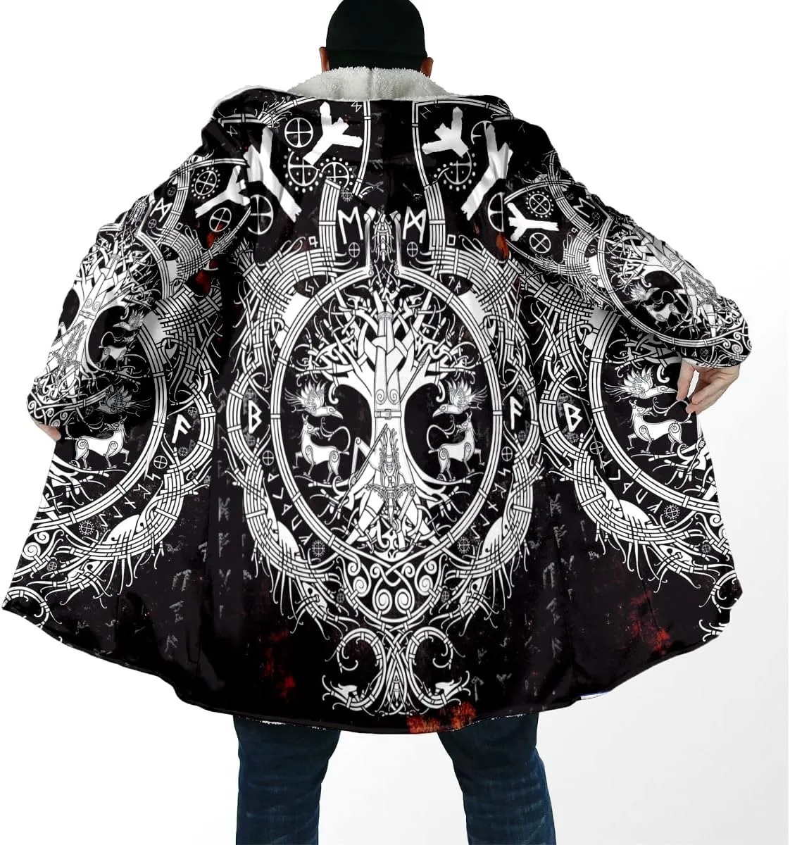 Thick Warm Hooded Cloak For Men Viking Wolf And Rave Tattoo Overcoat Windproof Fleece Jacket