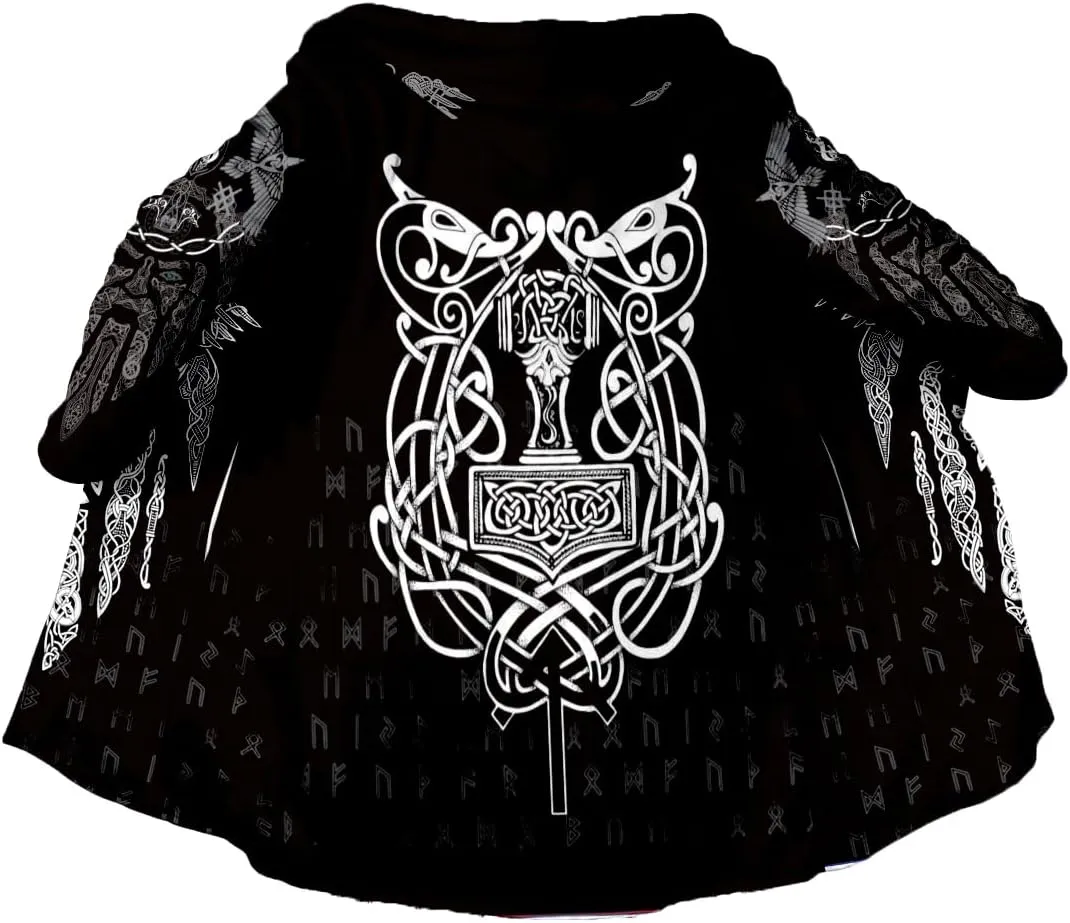 Thick Warm Hooded Cloak For Men Viking Wolf And Rave Tattoo Overcoat Windproof Fleece Jacket