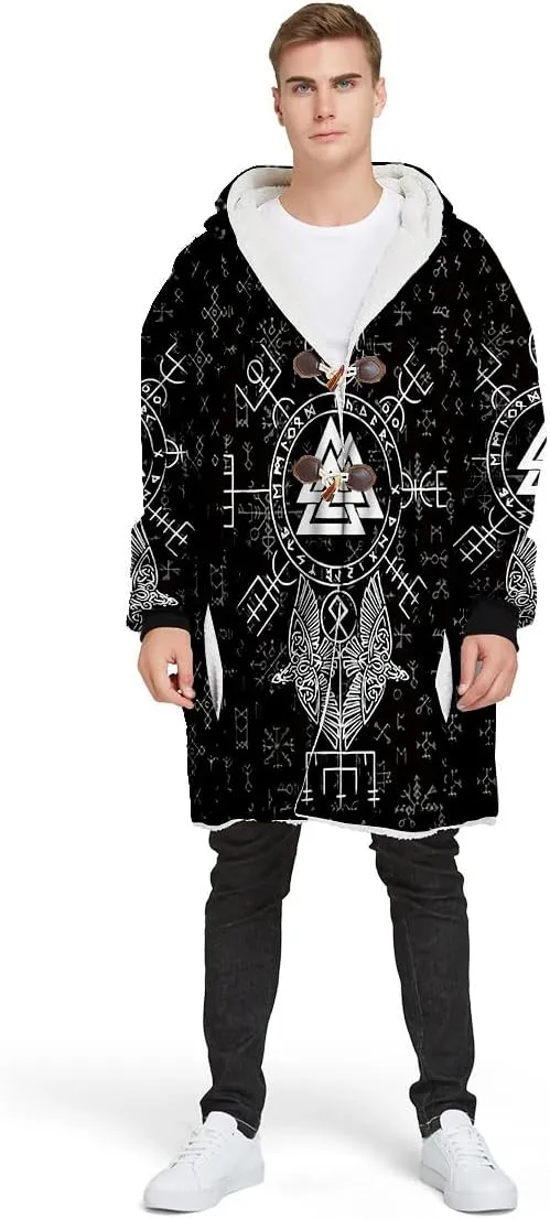 Thick Warm Hooded Cloak For Men Viking Wolf And Rave Tattoo Overcoat Windproof Fleece Jacket