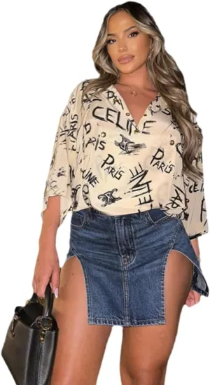 THLAI Womens Mini Sexy Denim Skirt Split High Waisted Spring Summer Solid Skirt