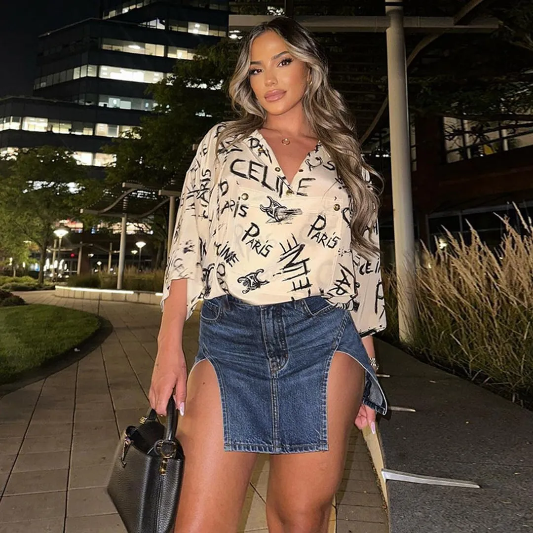 THLAI Womens Mini Sexy Denim Skirt Split High Waisted Spring Summer Solid Skirt