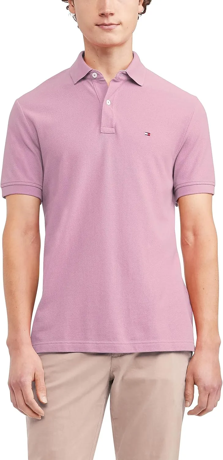 Tommy Hilfiger Men's Polo Shirt Regular Fit, Pebble Pink Small