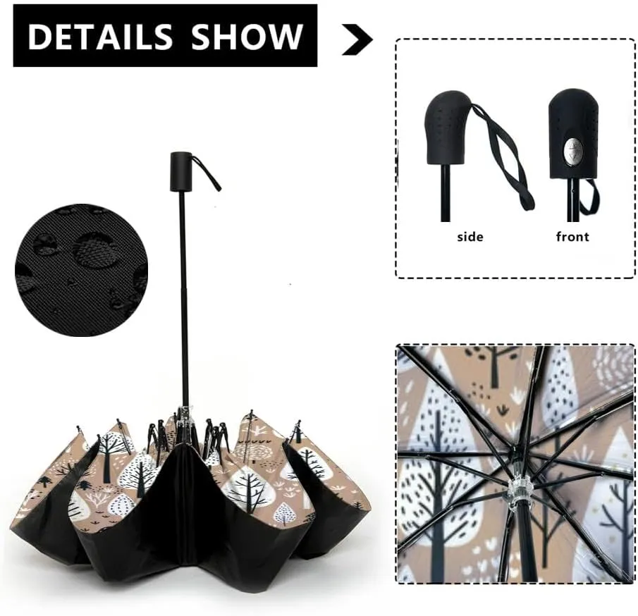 Travel Umbrella for Rain Windproof Cute bear fox worm forest animals tree mushroom cute woodland animals Automatic Cute Portable Compact Umbrella for Women Purse Backpack Car Black Sun UV Protection