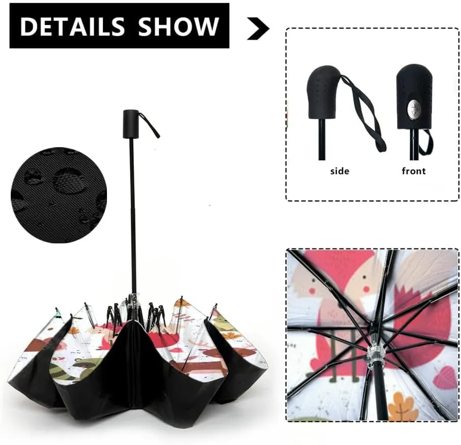 Travel Umbrella for Rain Windproof Cute bear fox worm forest animals tree mushroom cute woodland animals Automatic Cute Portable Compact Umbrella for Women Purse Backpack Car Black Sun UV Protection