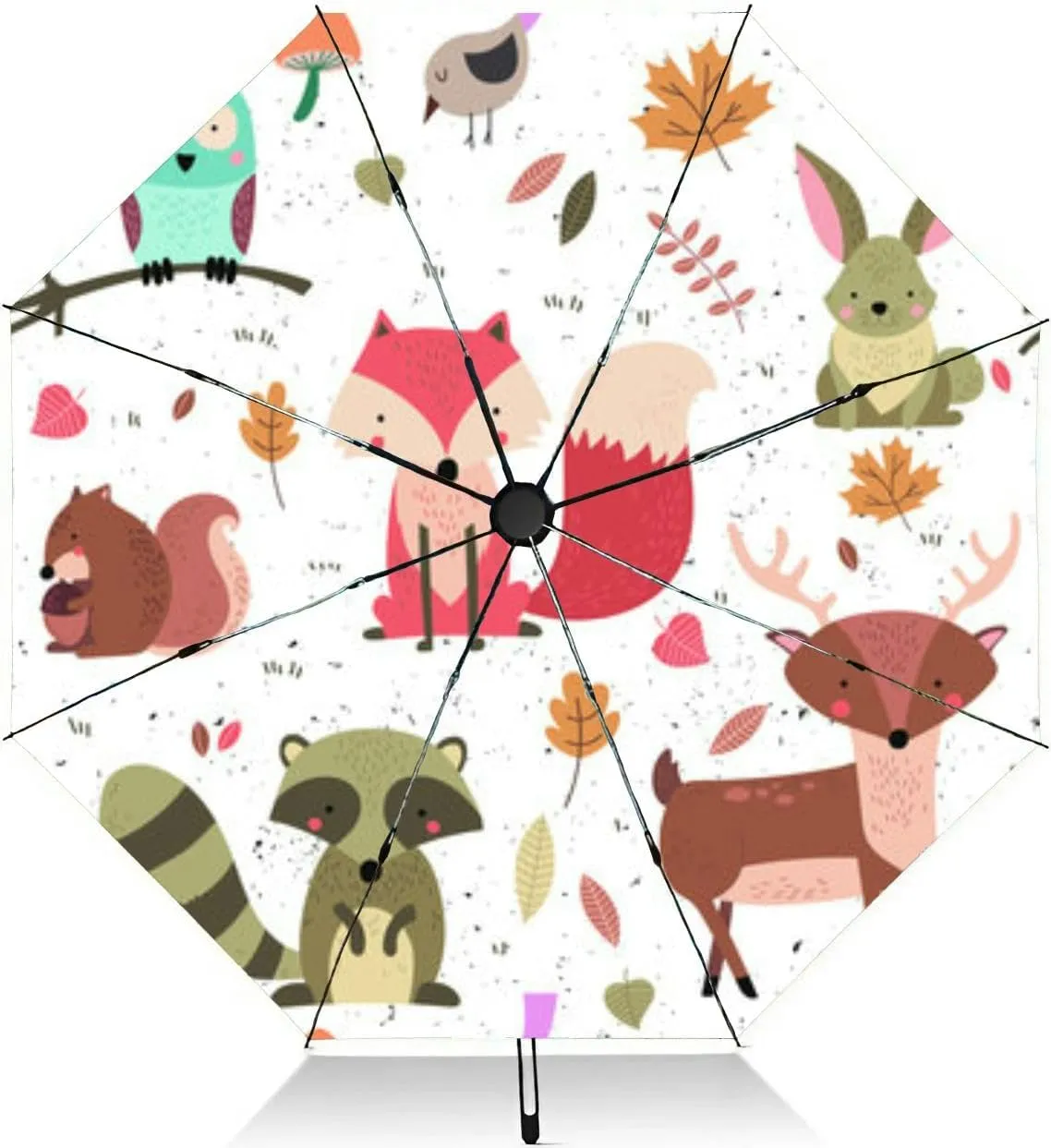 Travel Umbrella for Rain Windproof Cute bear fox worm forest animals tree mushroom cute woodland animals Automatic Cute Portable Compact Umbrella for Women Purse Backpack Car Black Sun UV Protection