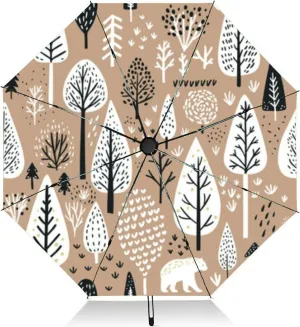 Travel Umbrella for Rain Windproof Cute bear fox worm forest animals tree mushroom cute woodland animals Automatic Cute Portable Compact Umbrella for Women Purse Backpack Car Black Sun UV Protection