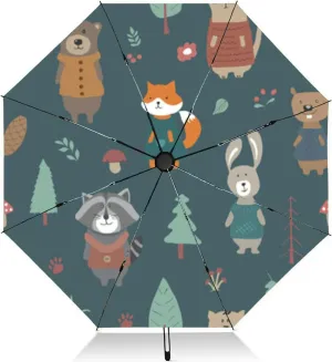 Travel Umbrella for Rain Windproof Cute bear fox worm forest animals tree mushroom cute woodland animals Automatic Cute Portable Compact Umbrella for Women Purse Backpack Car Black Sun UV Protection