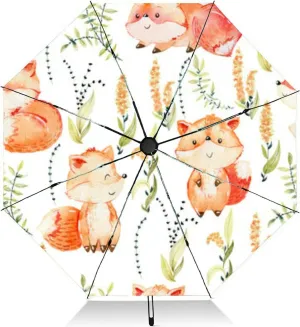 Travel Umbrella for Rain Windproof Cute bear fox worm forest animals tree mushroom cute woodland animals Automatic Cute Portable Compact Umbrella for Women Purse Backpack Car Black Sun UV Protection