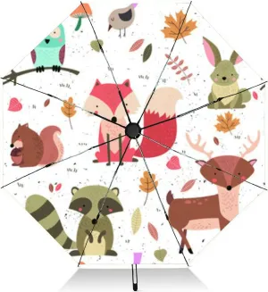 Travel Umbrella for Rain Windproof Cute bear fox worm forest animals tree mushroom cute woodland animals Automatic Cute Portable Compact Umbrella for Women Purse Backpack Car Black Sun UV Protection